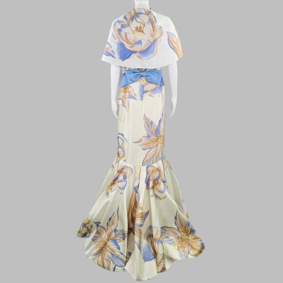 RIZIK BROS. Size 6 Cream Blue Tan Silk Floral Shawl Strapless Gown - Picture 4 of 10